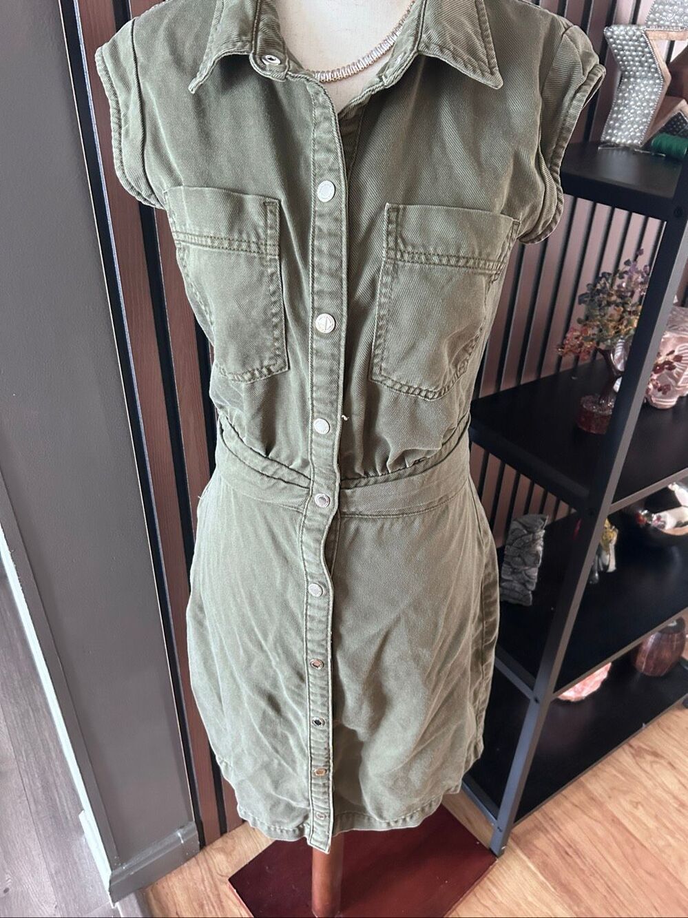 White House black market green shirt dress denim like sleeveless short sexy size